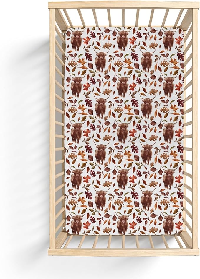 Autumn Highland Cow Fall Leaves Baby Crib Sheets for Boy Girl 28"x52" Yak Maple Leaves Soft Snug Fitted Crib Mattress Cover Thanksgiving Farm Animal Baby Sheet for Standard Crib & Toddler Bed Mattress