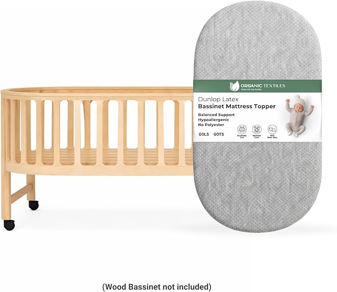 ORGANIC TEXTILES Organic Baby Mattress Topper with Heather Grey Removable Cover GOLS/GOTS Certified - Breathable - 2" Bassinet (30"x15")