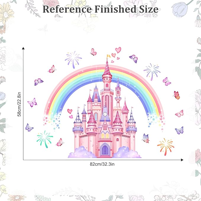 Rainbow Castle Wall Stickers, Watercolor Fireworks Butterflies Wall Decals Peel and Stick Wall Decal Self Adhesive Home Decor for Girls Nursery Kids Room