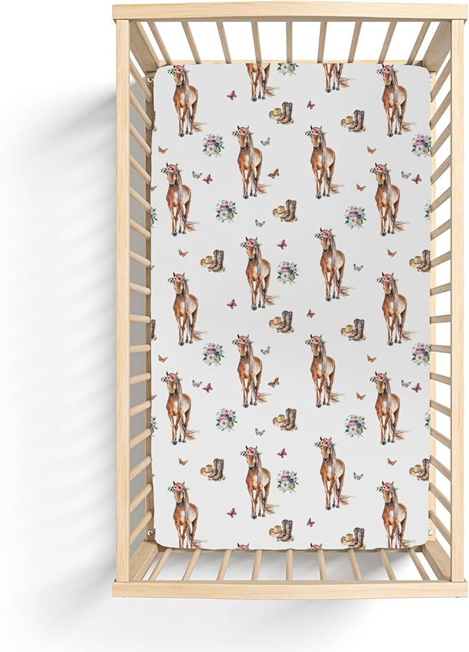 Floral Horse Cowgirl Baby Crib Sheets for Boy Girl 52x28Inch Cowgirl Boots Hat Flowers Butterflies Soft Snug Fitted Crib Mattress Cover Western Horses Baby Sheet for Standard Crib & Toddler Mattress