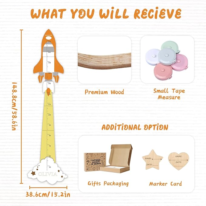 Woodemon Personalized Name Height Chart for Kids, Cute Rocket Wooden Growth Chart for Kids, Wall Height Chart for Children, Cute Wall Ruler for Kids, Track Height Measurement, Easy to Install