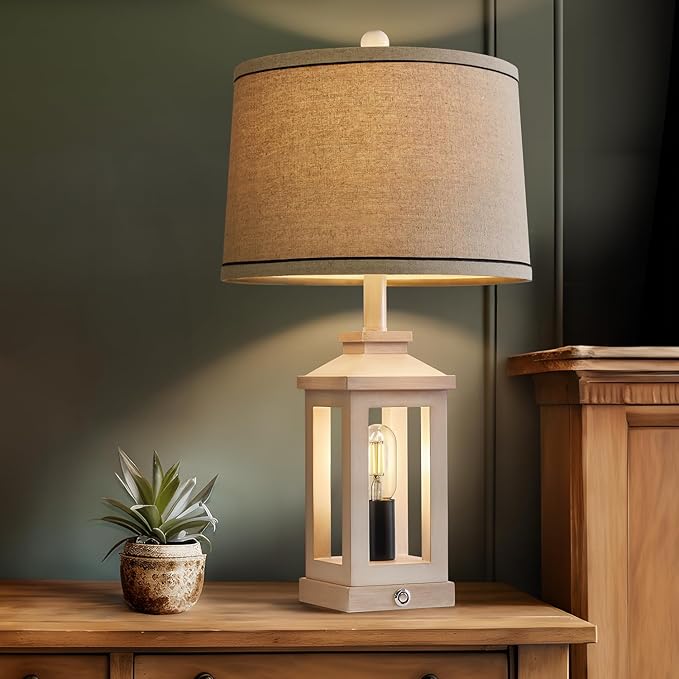G-SAFAVA 23.75" Retro Farmhouse USB C+A Ports Table Lamp with 3 Way Dimmable Touch Control White Nightlight Vintage Modern Lamp for Living Room Bedroom with 2 Light Sources