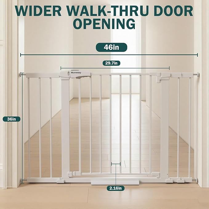 Mumeasy 36" Extra Tall Dog Gate, Auto Close Baby Gate for Stairs Doorways, 29.7-46" Wide Walk Thru Child Safety Gate for House, Easy Install Pressure Mounted Metal Pet Gate with Door, White