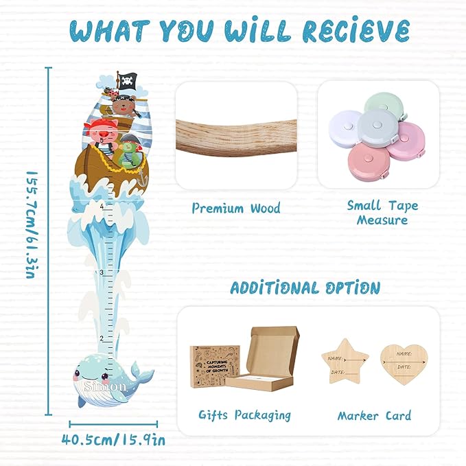 Woodemon Personalized Growth Chart for Wall, Whale Shape Height Chart for Kids, Customize Growth Measuring Board for Girls Boys Teen Room Nursery Wall Decor