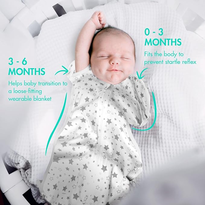 2-Pack Baby Swaddle Sleep Sack 3-6 Months - Arms Up Transitional Swaddles with Removable Cuffs & 2-Way Zipper, Gray Stars Design, Breathable Cotton Newborn Sack