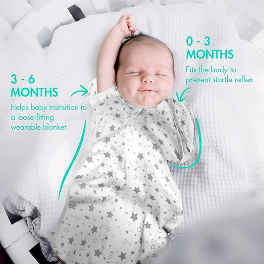 2-Pack Baby Swaddle Sleep Sack 3-6 Months - Arms Up Transitional Swaddles with Removable Cuffs & 2-Way Zipper, Gray Stars Design, Breathable Cotton Newborn Sack