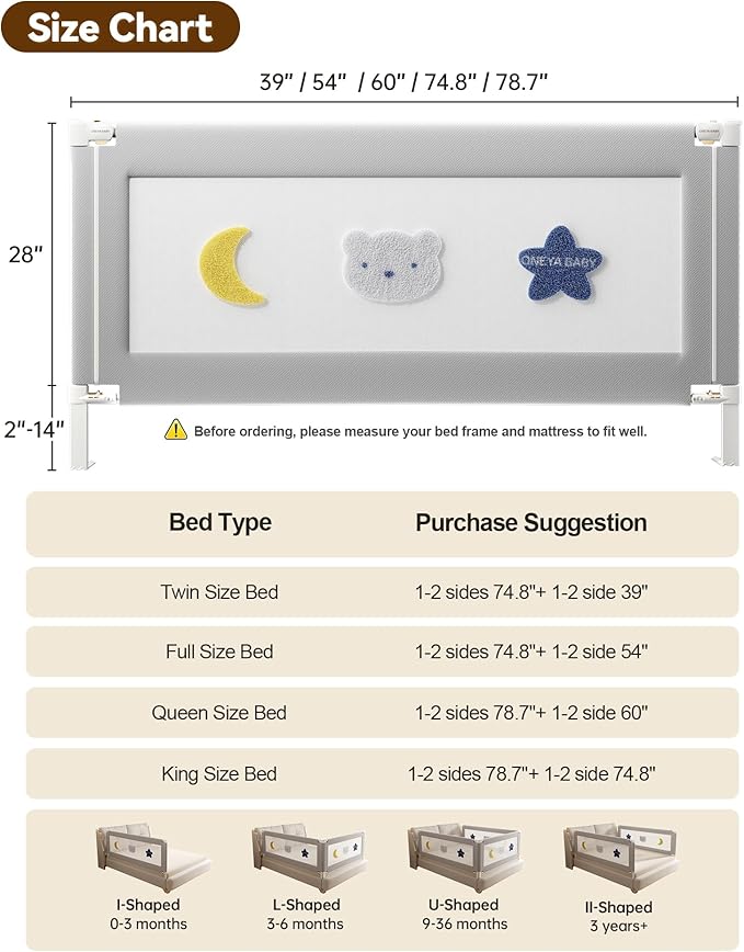 Baby Bed Rail Guard for Toddlers, Reinforced 78.7in Toddler Bed Rails for Queen, King Bed with Height Adjustable, Extral Tall Child Safety Side Railing Guards/Bedrail for Kids,Grey Star, 1 Side