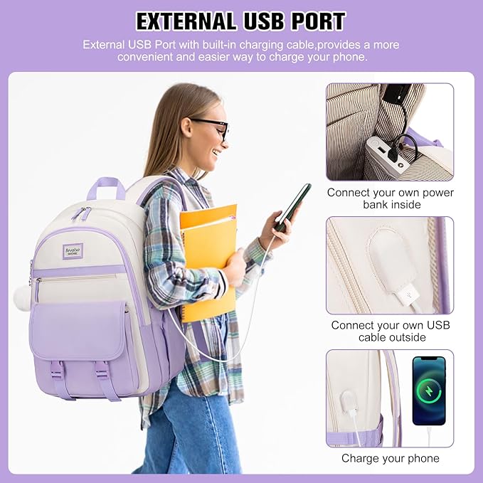 Bevalsa Backpack for Girls, School Backpacks for Girls, Kids Backpack with Lunch Box & Pencil Pouch for Teens Girl Kids Elementary Middle High School College Student Bookbag Daypack (Purple Beige)