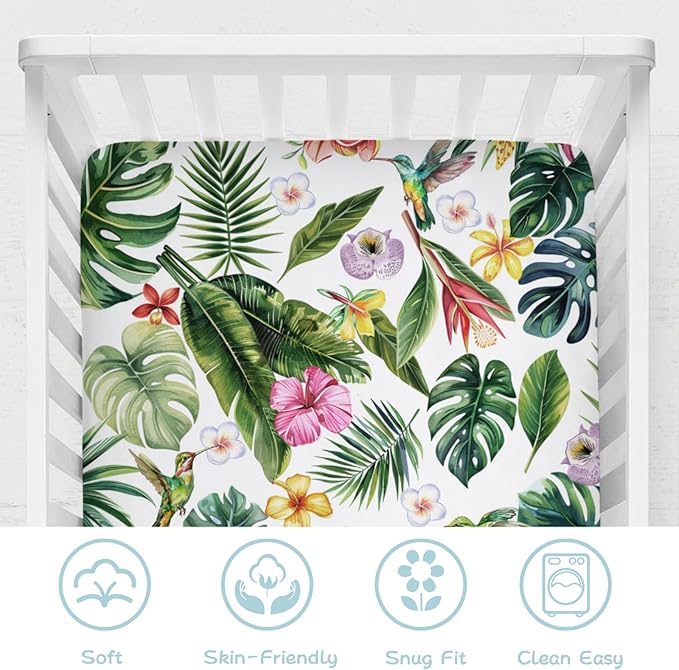 Green Tropical Leaves Floral Hummingbirds Baby Crib Sheets 52''x28'' Rainforest Monstera Leaves Snug Fitted Crib Mattress Covers for Boy Girl Soft Nursery Bed Sheet for Standard Crib Toddler Mattress