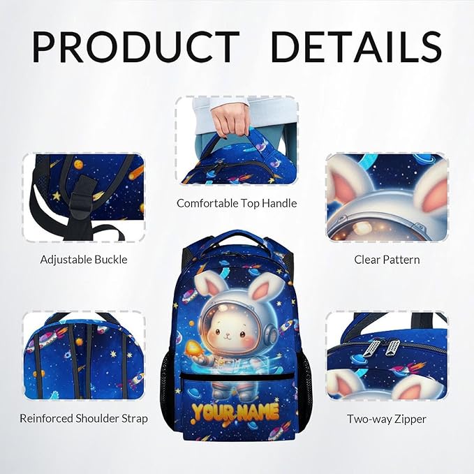 Kids School Backpack - Personalized Bunny Backpacks Set with Name - Custom Planet Bookbag for Boys Girls - Toddler School Bag for Kindergarten/Preschool/Elementary(17 Inch)