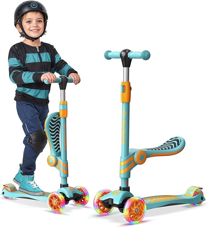 Aqua Orange 3 Wheel Scooter with Seat for Kids, Light-Up Wheels, Adjustable Lean to Steer Handlebar and Seat, Smooth Wheels, Wide No-Slip Deck, Rear Foot Brake, Toddler Outdoor Toys for Ages 2+