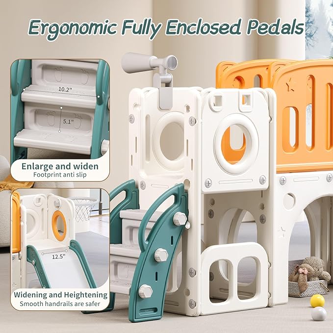 8 in 1 Toddler Slide,Kids Climber Slide with Storage Space and Non-Slip Steps,Indoor Outdoor Playset with Basketball Hoopa and Telescope,Slide for Toddlers Age 1-8 (White+Orange)