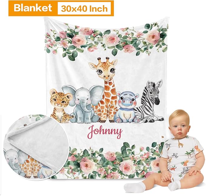 Custom Nursery Crib Bedding Set: Personalized Nursery Decor Baby Blanket Fitted Crib Sheet Changing Pad Cover Baby Room Rug Safari Animals Giraffe Pattern Gift Idea(Fixed Size)