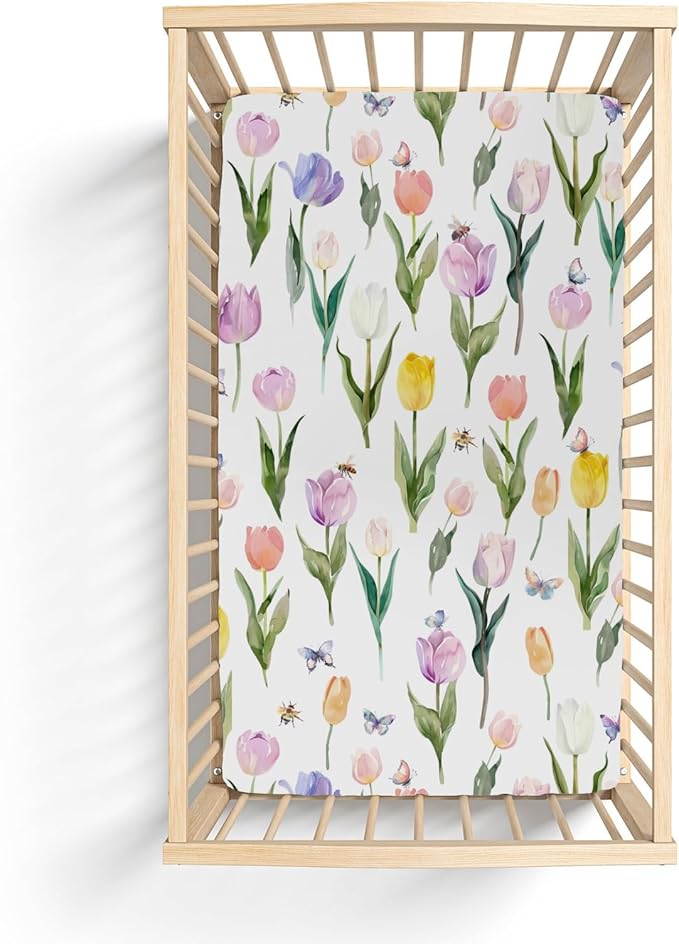 Watercolor Tulips Bees Baby Crib Sheets for Boy Girl 52"x28" Colorful Spring Floral Butterflies Soft Snug Fitted Crib Mattress Cover Garden Flowers Baby Sheet for Standard Crib & Toddler Mattress
