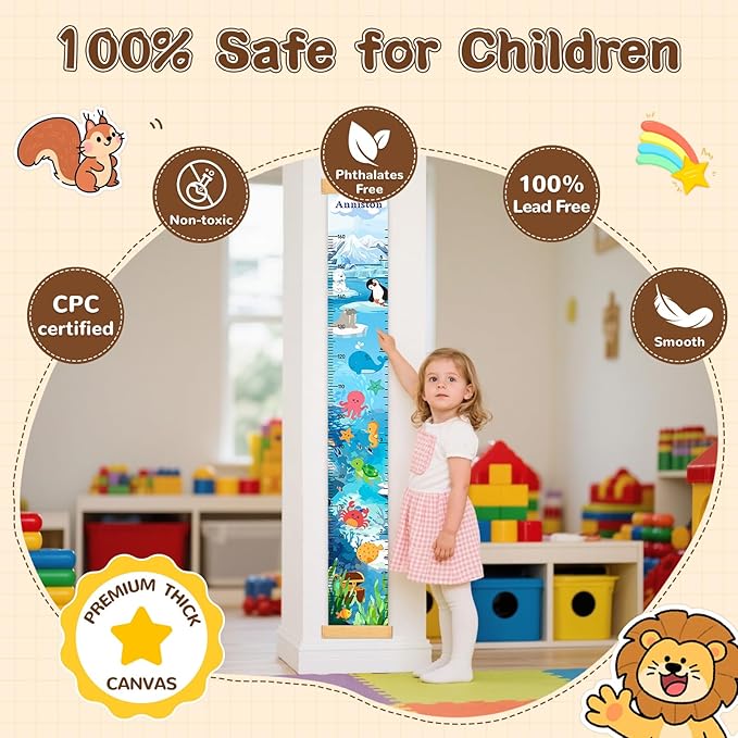 Personalized Name Height Chart for Kids, Canvas Ocean Animals Growth Chart for Wall Removable, Nursery and Playroom Wall Decor, Growth Chart for Boys Girls, Customized Gifts for Kids
