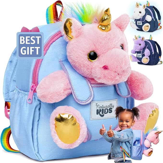 Naturally KIDS【Upgraded Toddler Backpack w Removable Pink Unicorn Toy for Girls Age 2-6 | Side & Inner Pockets, Reflective Logo, Name Tag | Cute Christmas & Birthday Gifts