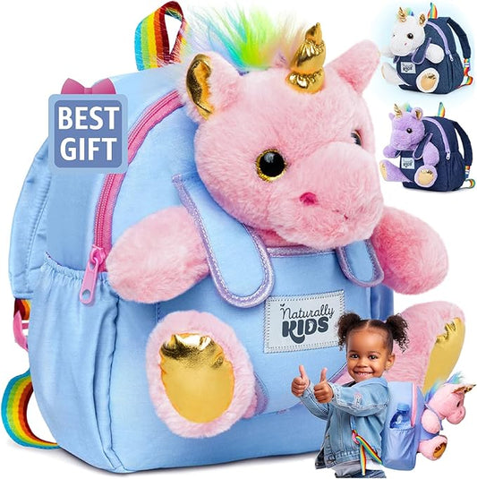 Naturally KIDS【Upgraded Toddler Backpack w Removable Pink Unicorn Toy for Girls Age 2-6 | Side & Inner Pockets, Reflective Logo, Name Tag | Cute Christmas & Birthday Gifts