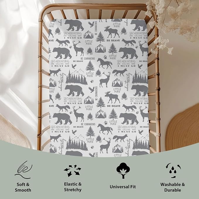 Gray Animals Baby Crib Sheets for Boy 52x28Inch Deer Bear Horse Trees Mountain Soft Stretchy Fitted Crib Mattress Cover Camping Adventure Baby Sheet for Standard Crib & Toddler Mattress