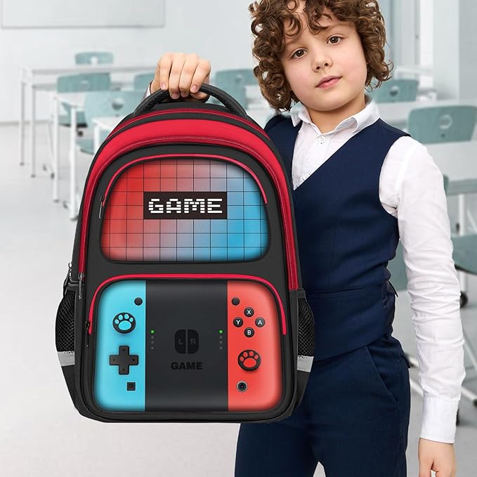 JIRAIKEI Kids Backpack For Boys，Gamer Boys Backpack For Children Teens Elementary Middle School, 17″ Students Bookbag
