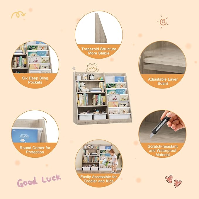 HedoAjim Kids Bookshelf Wood Toy Storage Organizer Cabinet Children Bookcase Toddler Baby Sling Book Rack Adjustable Shelf for Playroom Bedroom Nursery Hallway School Kindergarten