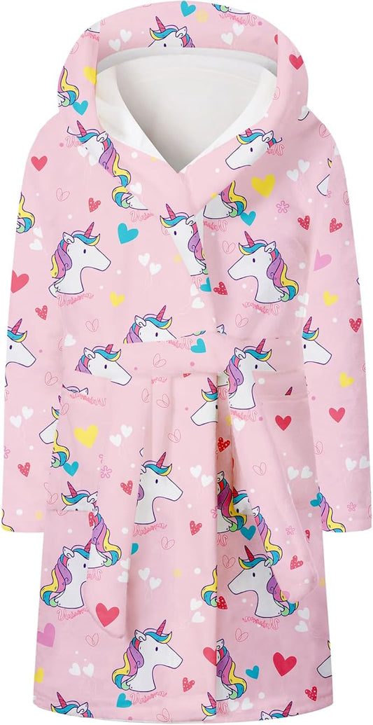 Umeyda Girls Fleece Hooded Robes, Warm Printed Bath Robe for Kids Soft Fuzzy Bathrobe for Gifts