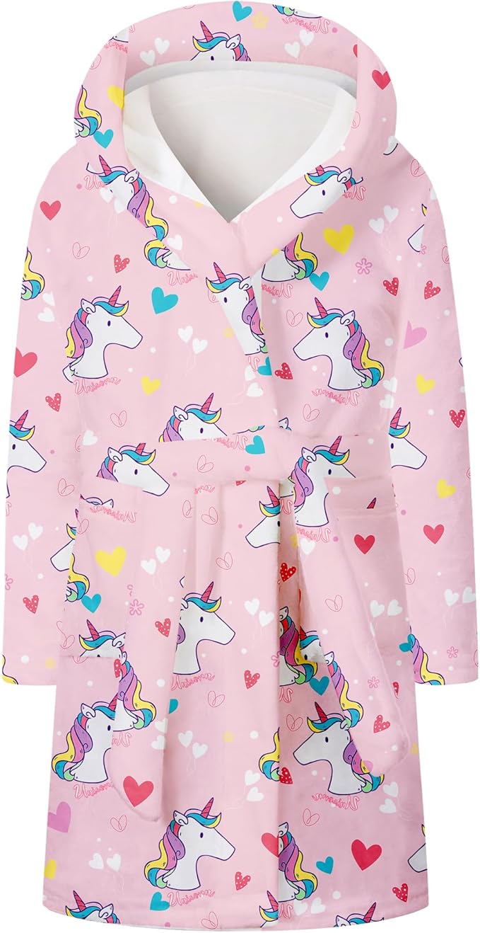 Umeyda Girls Fleece Hooded Robes, Warm Printed Bath Robe for Kids Soft Fuzzy Bathrobe for Gifts