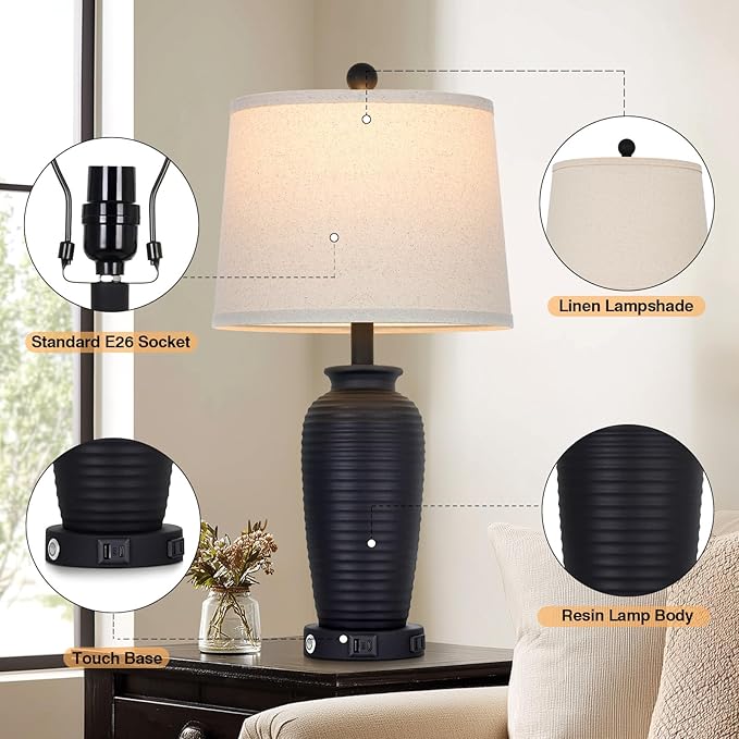 CINSARY 25" Retro Black Farmhouse Jar Table Lamps Set of 2, 3 Way Touch Control Rustic Bedside Lamps with USB A+C Ports & AC Outlet, Pot Nightstand Lamps for Bedroom Living Room (LED Bulbs Included)
