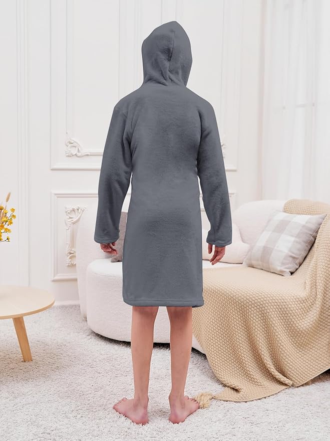 Umeyda Boys Girls Robes, Soft Fuzzy Fleece Hooded Bathrobes with Belt and Pockets for Kids, 1-18 Year