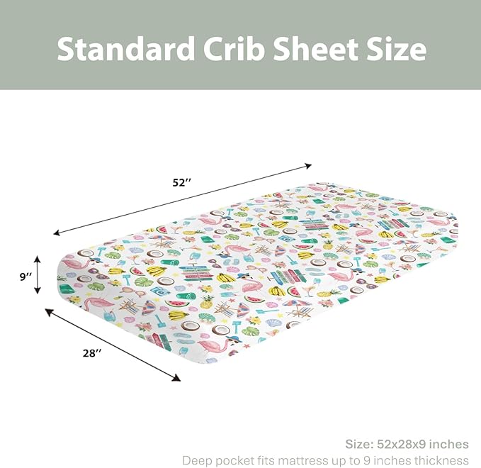 Surf Beach Summer Baby Crib Sheets for Boy Girl 28"x52" Flamingo Tropical Leaves Floral Fruits Soft Stretchy Fitted Crib Mattress Cover Beach Party Vacation Baby Sheet for Crib & Toddler Bed Mattress