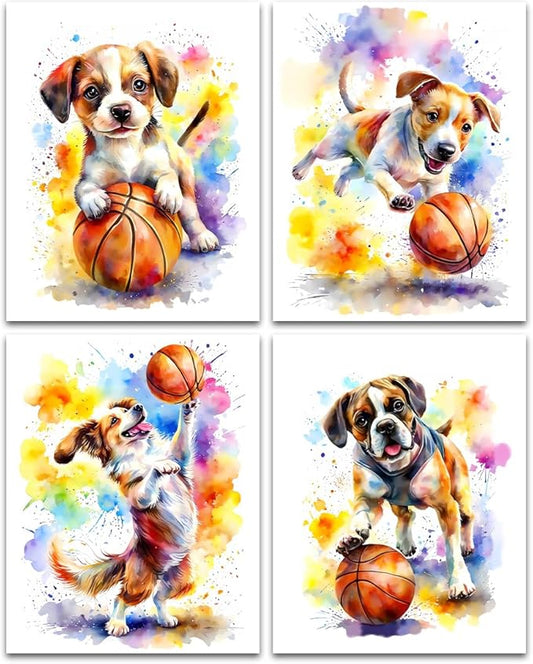 LNLAGBO Funny Dog Canvas Wall Art Prints,Watercolor Dog Plays Basketball Wall Art,Running Dogs Poster,Lovely Animal Decoration for Living Room Bedroom Office Set of 4(8"x10"Unframed)