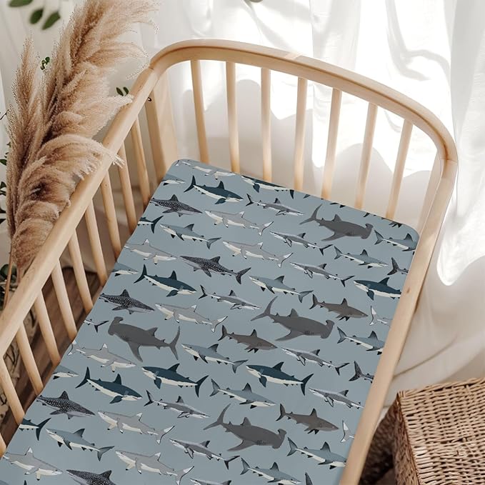 Sharks Boho Neutral Baby Crib Sheets for Boy Girl 52"x28" Sea Shark Species Soft Snug Fitted Crib Mattress Cover Marine Ocean Shark Lover Gifts Baby Sheet for Standard Crib and Toddler Bed Mattress
