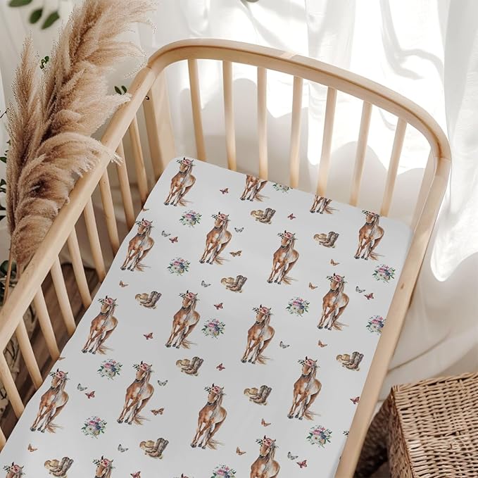 Floral Horse Cowgirl Baby Crib Sheets for Boy Girl 52x28Inch Cowgirl Boots Hat Flowers Butterflies Soft Snug Fitted Crib Mattress Cover Western Horses Baby Sheet for Standard Crib & Toddler Mattress