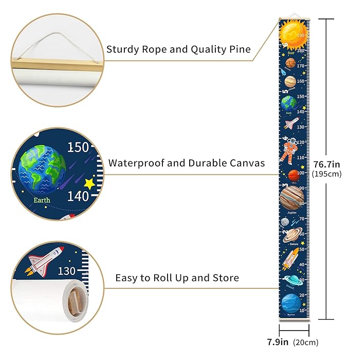 Personalized Growth Chart for Kids, Baby Height Chart with Custom Name, 77"x7.9" Canvas and Black Wood Height Measuring Rulers for Boys Girls Removable Wall Ruler Hanging for Nursery Decor - Planets
