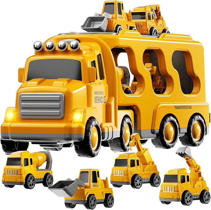 Construction Trucks Toys for 2 3 4 5 Years Old Boys - 5-in-1 Carrier Transport Vehicle Truck for Toddlers 2-4 Years with Crane, Mixer, Pushdozer and Excavator, Car Toys Birthdays Gift