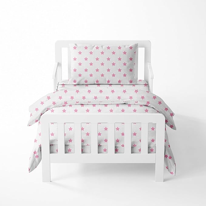 Bacati - Muslin Ikat Stars 4 Piece Girls Toddler Bedding Set 100 Percent Cotton Includes Reversible Comforter, Fitted Sheet, Top Sheet, and Pillow Case (4 pc Toddler Bedding Set, Pink Stars)