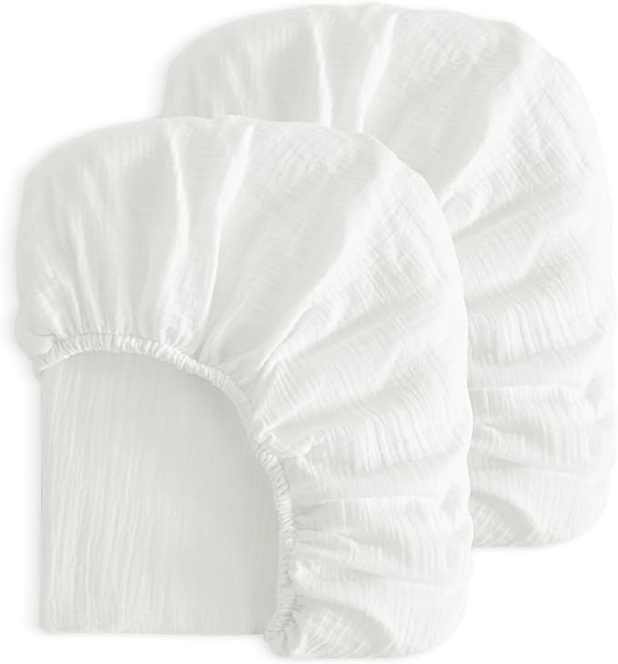 NTBAY 2 Pack Muslin Cotton Mini Crib Sheets, Soft and Breathable Double Layer 24x38 Baby Crib Sheets for Mini Crib and Toddler Mattresses, Boys, Girls, Unisex, White, 24x38 Inches