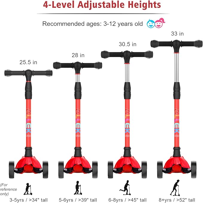 Allek Kick Scooter B02, Lean 'N Glide Scooter with Extra Wide PU Light-Up Wheels and 4 Adjustable Heights for Children from 3-12yrs (Red)