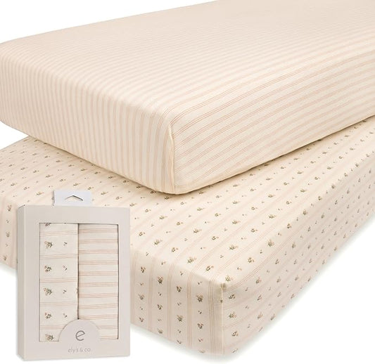 Ely's & Co. Crib Sheets, Baby Girl Fitted Crib Mattress Sheet Set, 2 Pack, 100% Jersey Knit Cotton, Infant and Toddler Nursery Bedding, 28” x 52” Pink Linear Floral Collection