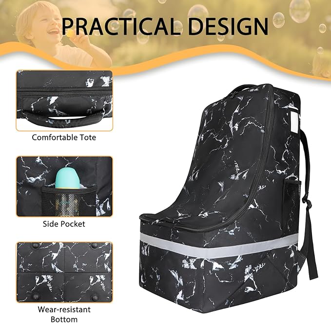 LARIPOP Car Seat Travel Bag for Airplane,Infant Seat Travel Bag with Shoulder Strap,Padded Car Seats Backpack with Reflective Stripes,Large Carseat Carrier Bag Travel Car Seat Cover, Black marble