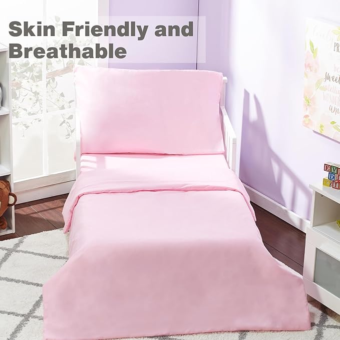 EVERYDAY KIDS 4 Piece Toddler Bedding Set - Includes Comforter, Flat Sheet, Fitted Sheet and Reversible Pillowcase - Solid Pink