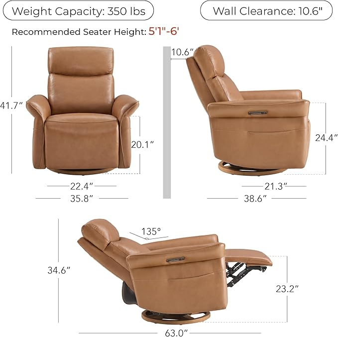 CHITA Genuine Leather Power Recliner Chair, Electric Triple-Motor Swivel Glider Nursery Rocking Chair with Adjustable Power Headrest and Lumbar Support, Solid Wood Base, Saddle Brown