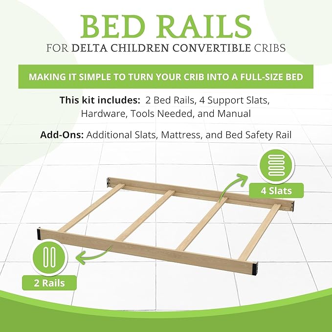 Full-Size Conversion Kit Bed Rails Compatible with Delta Children Convertible Cribs - Solid Wood Rail #0050 - Toddler and Adult Bed Rail for Full-Size Beds - Baby Furniture (Unfinished)