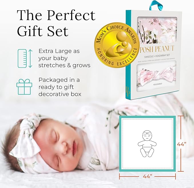 Posh Peanut Swaddle Blanket & Headband Set – Viscose from Bamboo Stretchy Baby Swaddle for Newborn Girls, Receiving Blanket or Nursing Cover