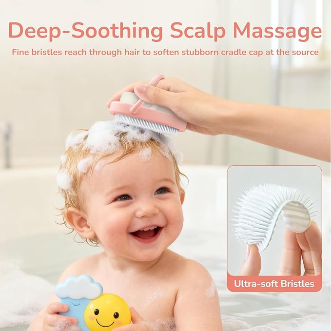 Baby Cradle Cap Brush & Comb Set, 3-in-1 Soft Scalp Brush, Curved Comb & Bath Sponge | BPA-Free Cradle Cap Treatment Kit for Newborns & Infants 0-12 Months, Flakes Removal, Pink