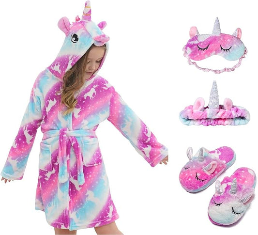 Soft Unicorn Hooded Robe with Matching Slippers Headband and Blindfold for Girls