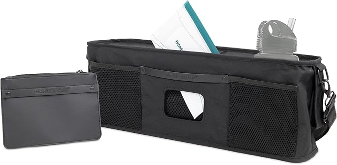 WONDERFOLD Universal Parent Console Stroller Organizer with Insulated Cup Holders, Hook & Loop Closure Handle Attachment, 2 Storage Pockets, Removable Shoulder Strap for Easy Transport