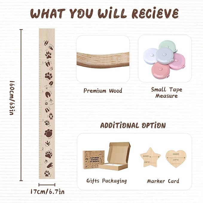 Woodemon Personalized Growth Chart for Wall, Animal Footprints Height Chart for Kids, Customize Growth Measuring Board for Girls Boys Teen Room Nursery Wall Decor