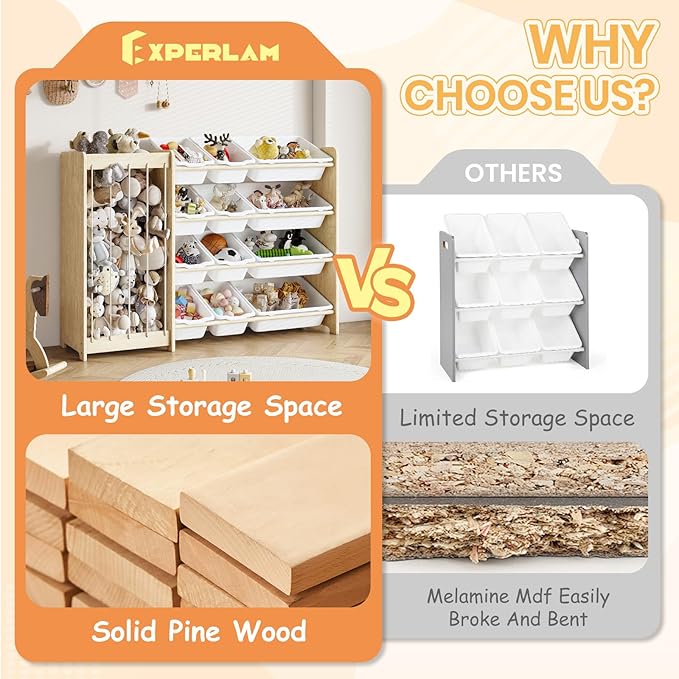 EXPERLAM Kids Toy Storage Organizer, 2-in-1 Stuffed Animal Storage & Toy Organizer w/12 Bins, Solid Wood Toy Rack Featuring Thicker Elastic Ropes to Hold Toys, Playroom Nursery Bedroom Storage, White