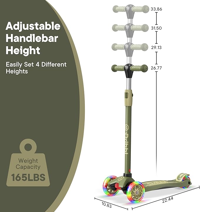 Dribbl 3-Wheel Kids Scooter - Lean-to-Steer Technology, Adjustable Height Handlebar, Wide Anti-Slip Deck, Scooter for Boys & Girls Ages 3+, Child Safety Approved, Support Riders Up to 165 lbs, Army