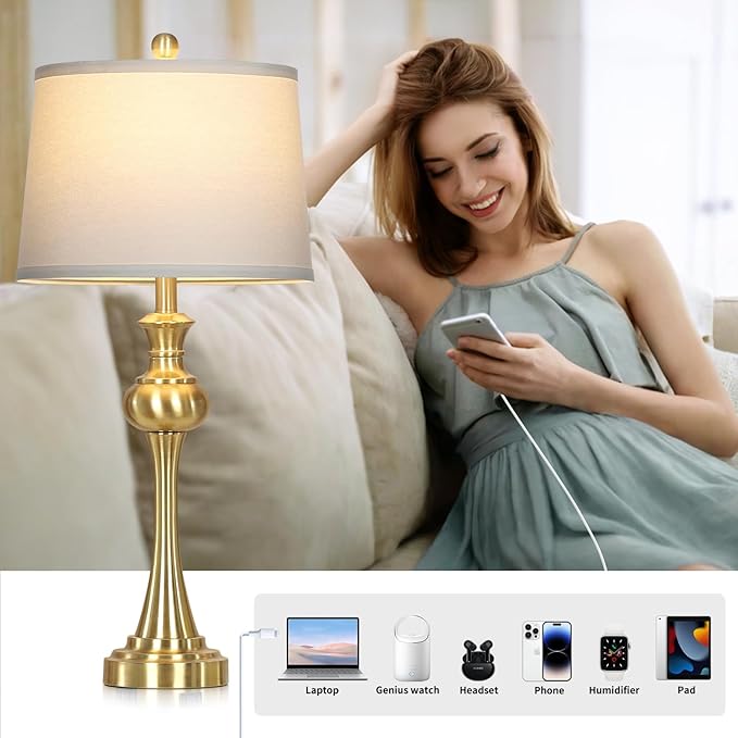 Cinyirong 28.75" Gold Table Lamps Modern 3-Way Touch Control Dimmable Bedside Lamp with USB A+C Ports & AC Outlets for Living Room Bedroom Nightstand Lamp (Bulb Included)